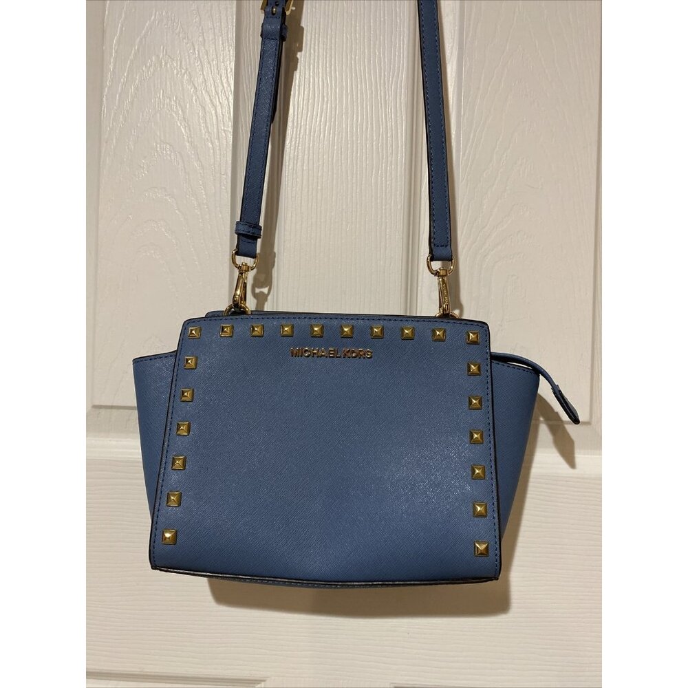 Michael Kors Selma Studded Saffiano Leather Messenger Celadon Handbag